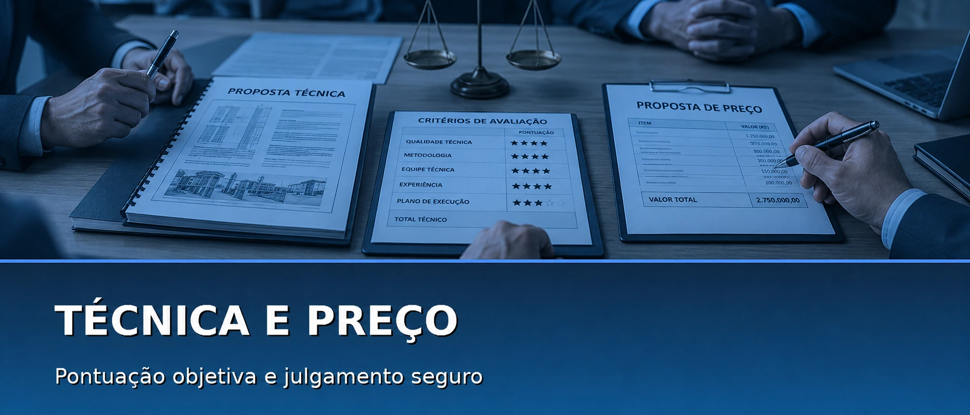 Técnica e preço — pontuação objetiva e julgamento seguro.